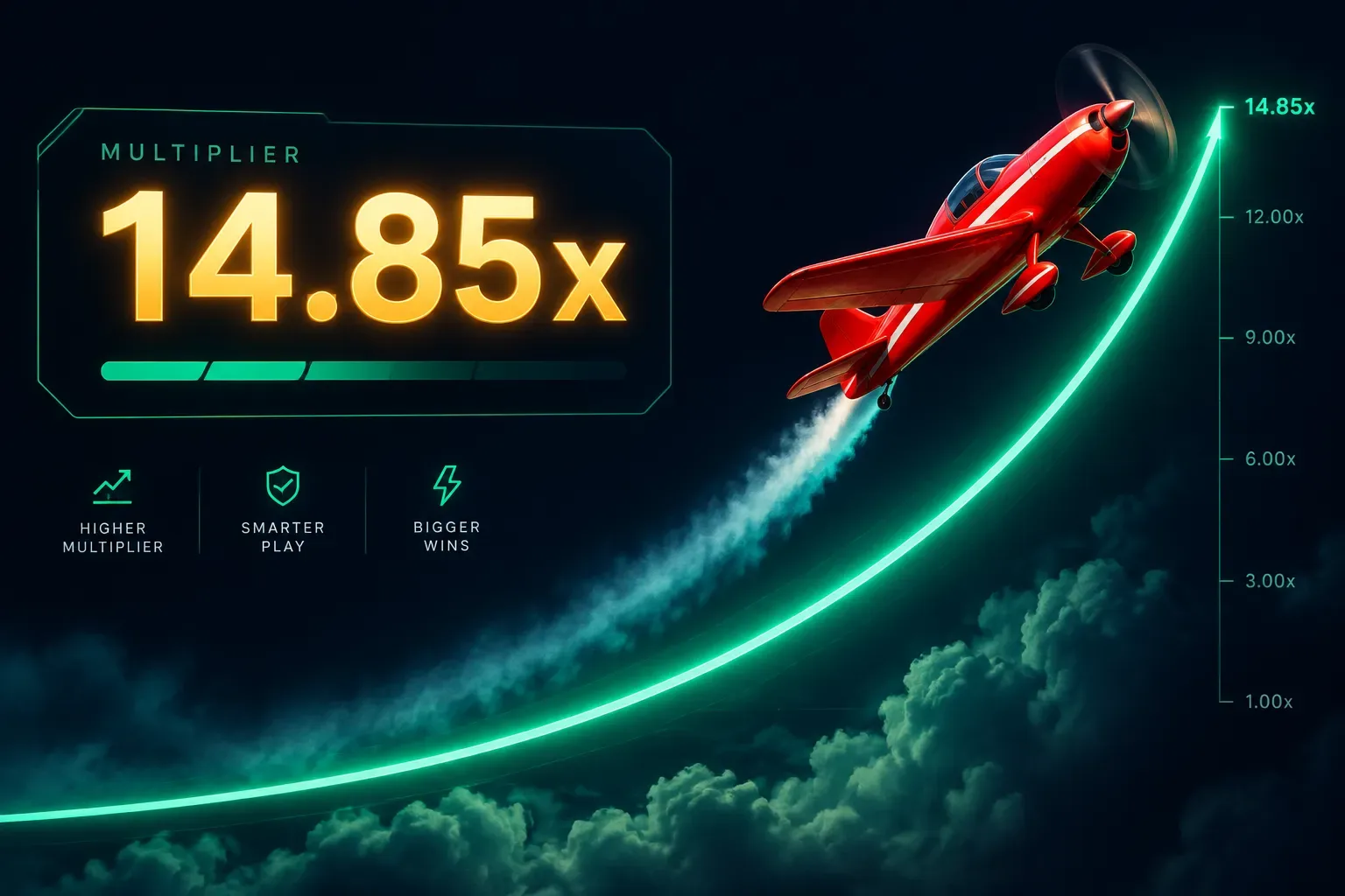 Aviator style crash game with red plane flying along ascending multiplier curve