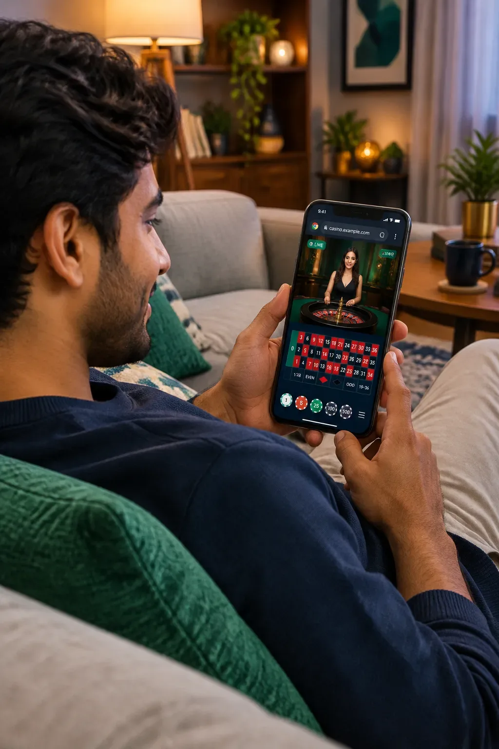 Hand holding smartphone playing mobile casino games in browser without app download