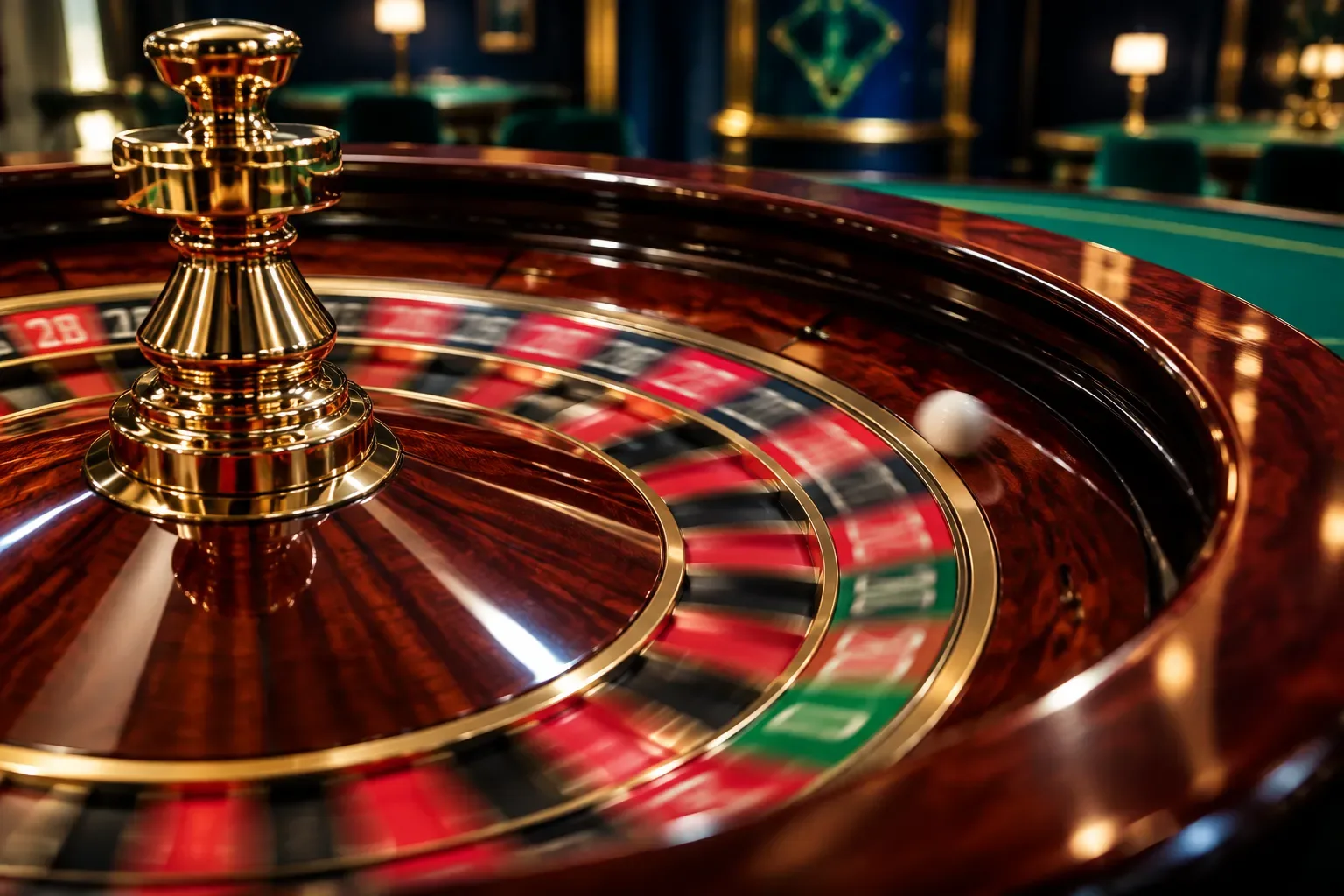 Live European roulette wheel in motion with ivory ball spinning on brass track